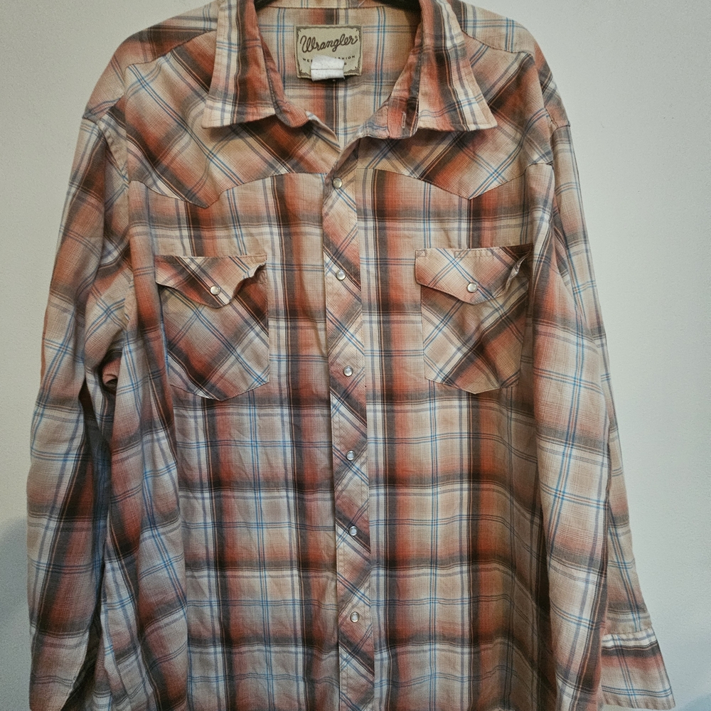 Wrangler Plaid Button-Down Shirt in Orange, Blue, Cream